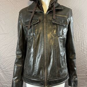 Men's Brown Leather Bomber Jacket with Hood